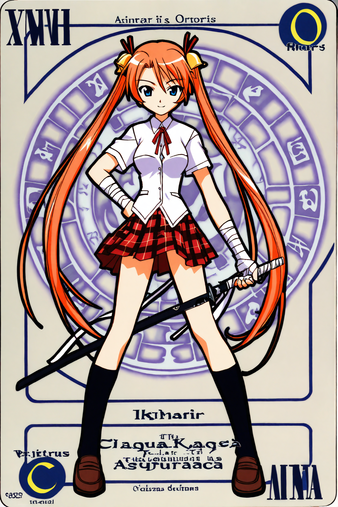 41546-1330611958-Asuna Kagurazaka,1girl,solo,bell,hair bell,bandages,plaid skirt,orange hair,twintails,sword,weapon,long hair,hair ornament,skirt.png